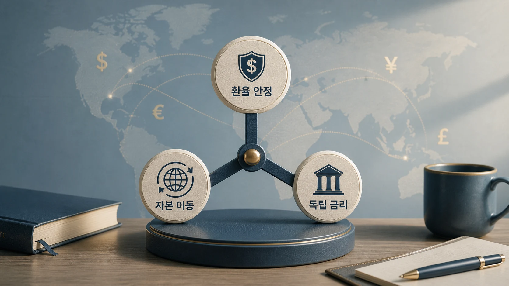 환율 안정, 자본 이동, 독립 금리 세 목표가 삼각형의 세 꼭짓점으로 연결된 정책 트릴레마 편집 이미지